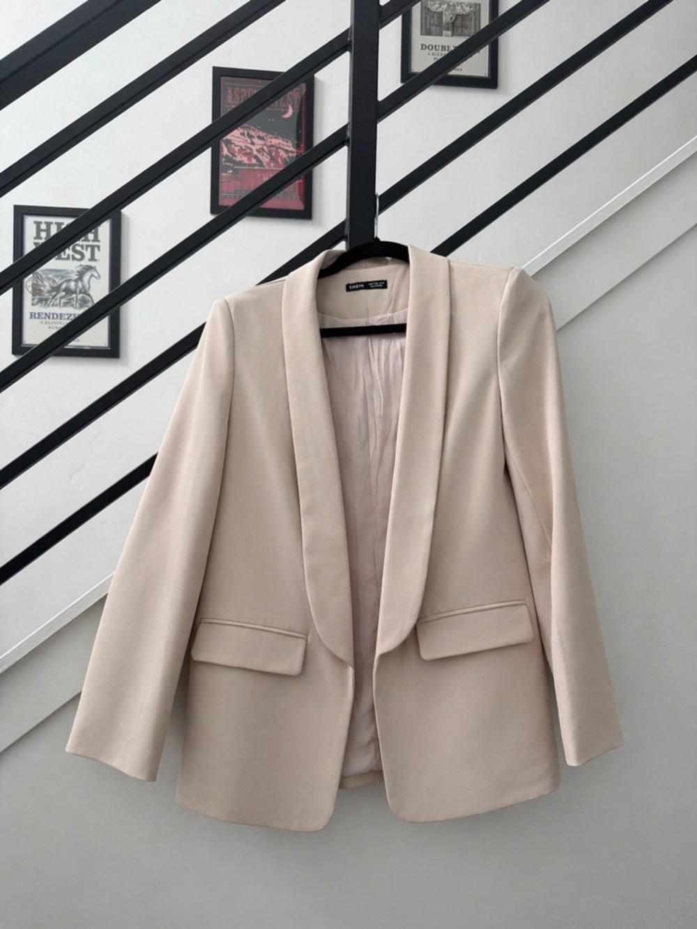SHEIN Raffereza Plain Collar Blazer Beige Size M Chic Office Jacket - Picture 2 of 5